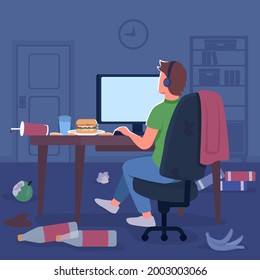 Gamer In Messy Room Flat Color Vector Illustration. Man In Headphones At Desktop Screen. Junk Food Trash On Floor. Freelancer At Computer 2D Cartoon Character With Bedroom Interior On Background