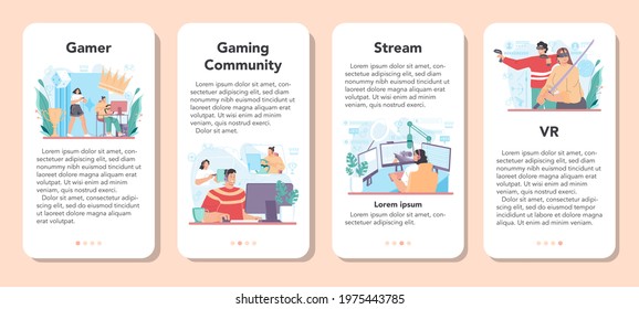 Gamer mobile application banner set. Person play on the computer video game. E-sports comunity, pro streamer. Virtual championship, VR competition. Vector illustration in cartoon style