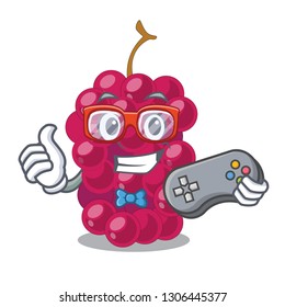 Gamer mulbery fruit slices above mascot bowl