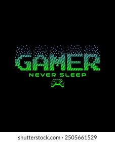 Gamer Never Sleep T-Shirt Design, Schriftzug einzeln auf weißem Hintergrund, für Ausdrucke T-Shirts und Taschen, Poster, 