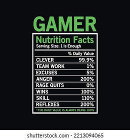 Gamer Nutrition Facts T-Shirt Design. Funny Gaming T-shirt, Typography Print, 
Vector Illustration.