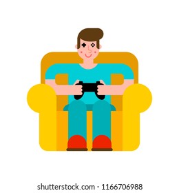Gamer on chair. Guy and video game. Boy and joystick. Cibersport Vector illustration

