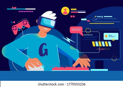 Gamer on pc leads online stream illustration. Esportsman wearing virtual reality glasses broadcasts from his account passage of new game digital tournament of vector entertainment.