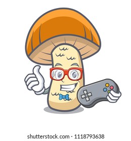 Gamer orange cap boletus mushroom mascot cartoon