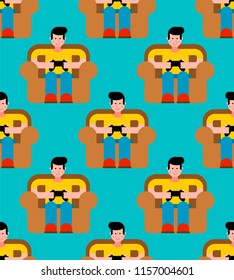 Gamer pattern seamless. Guy on chair and videogame. Boy and joystick. Cibersport ornament. Vector background
