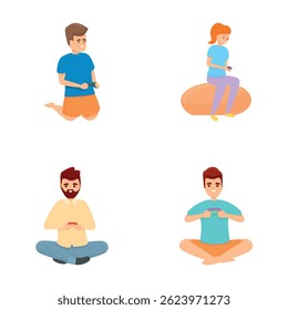 Gamer people icons set cartoon vector. People with joystick and play video game. Leisure time, hobby