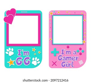 Gamer photo booth props set. Flat style gamer girl illustration with gameboy handheld game console for photo frames, party, greeting card. Flat style selfie concept. Gamer photobooth vector element