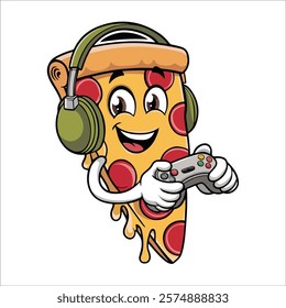 Gamer pizza slice mascot cartoon vector illustration. 