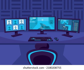 Gamer Play In Computer Game. Illustration Gaming Pc, Play Video Console Abd Vector Controller With Chair And Table, Teenager Boy Bedroom Night Interior, Gamer, Programmer, Hacker Or Trader Room.