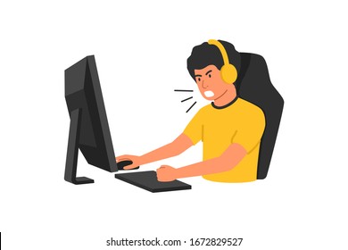 Gamer play in online video game and angry about losing, in the headphones and with computer mouse and keyboard. Concept pro gamer esport cartoon