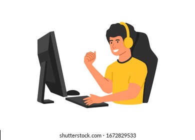 Gamer play in online video game, in the headphones and with computer mouse and keyboard happy to win. Concept pro gamer esport cartoon