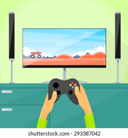 Gamer Play Video Game Tv Screen Hold Pad Controller Flat Vector Illustration