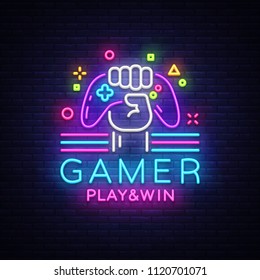 Gamer Play Win logo neon sign Vector logo design template. Game night logo in neon style, gamepad in hand, modern trend design, light banner, bright nightlife advertisement. Vector illustration