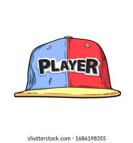 Gamer, player cartoon cap with emblem, hand drawn vector illustration isolated on white background