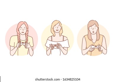 Gamer, playing, addiction set concept. Happy cheerful woman plays video games at console. Surprised girl is addicted to gaming. Angry irritated player can not complete game level. Simple flat vector