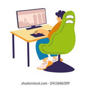 Gamer playing at computer. Fantastical worlds and scenarios, enjoyment and fulfillment in gaming. Adventures beyond ordinary. Entertainment and fun, leisure and hobbies. Vector in flat style