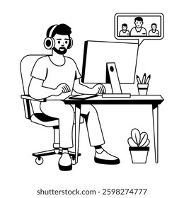A gamer playing games on system, glyph style illustration 

