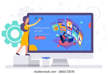 Gamer playing online network computer games at cybersport competition. Streamer playing shooter on professional screens at tournament. Flat vector illustration with cyber sportsman in the battle