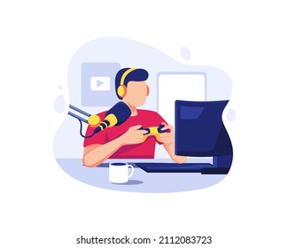 Gamer playing online tournament. Gamer streaming while playing computer game. Vector concept illustration in a flat style