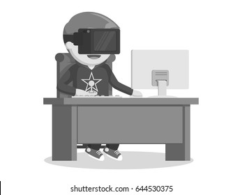 gamer playing pc game with vr device black and white style