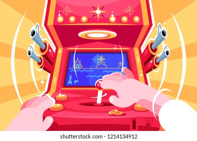 Gamer playing sea battle arcade video game. Retro slot machine with joystick. Flat. Vector illustration.