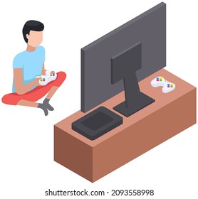 Gamer playing video game with tv screen holding gamepad controller sitting on carpet at home. Man and videogames illustration. Entertainment for adults and children with modern digital device