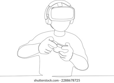 A gamer plays online games with a set of gaming devices. Online gaming one-line drawing