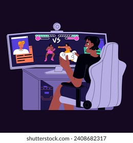 Gamer plays online video game back view. Excited player with gaming controller sitting on computer chair. Fight in martial combat videogame. Professional cybersport. Flat isolated vector illustration