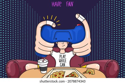 The gamer plays video games. Cartoon illustration. Vector graphics