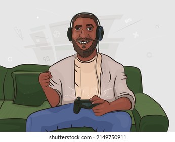 Gamer plays video games on the sofa. An African American plays on a console and a gamepad in his hand. Vector illustration in cartoon