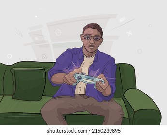 Gamer plays video games on the sofa. A man with glasses plays on a console and a gamepad in his hand. Sitting on a Couch and Playing Video Games on a Console. Vector illustration in cartoon style