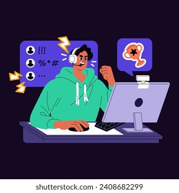 Gamer plays video games online. Computer player in headset wins in videogame. Young man, winner communicates with team in gaming chat. Professional cybersport. Flat isolated vector illustration