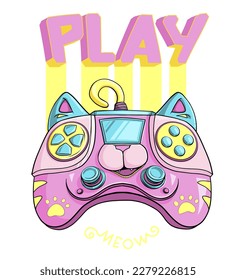 Gamer poster with cats gamepad cartoon character. Kids gaming illustration on background with 3d text PLAY. Gamers print. Neon gaming art. Game pad art. Cat cartoon robot characters