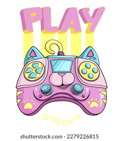 Afiche de gamer con gatos y personaje de caricatura de gamepad. Ilustración de juegos infantil en segundo plano con texto 3d PLAY. Los jugadores imprimen. Arte de juegos de neón. Dibujo de teclado de juego. Personajes de robots de dibujos animados de gato