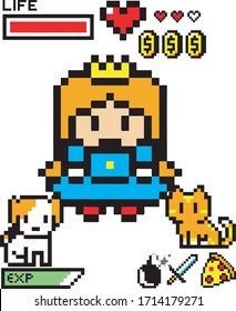 Gamer Princess Or Queen With Cat, Dog, Pizza, Sword, Coins, Heart And Energy Bar. 8 Bit Retro Pixel Art. For Gamer Girls. Keep Gaming. Old School Video Game Lovers