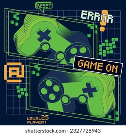 Impresión de jugador. Vector joysticks gamepad ilustración con textos de slogan, para impresiones de camisetas y otros usos.