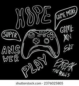  Gamer print . Vector joysticks gamepad illustration with slogan texts, for t-shirt prints and other uses.