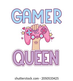 Gamer queen hand drawn vector illustration with hand holding a pink gaming controller and lettering. Cute kawaii 90s vintage design for sticker, logo, pin, print, card, birthday party. Flat style