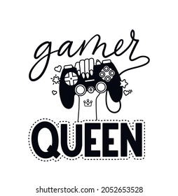 Gamer queen hand drawn vector illustration with hand holding a gaming controller and lettering. Game fan design for sticker, logo, pin, print, card, birthday party. Flat style