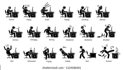 Gamer Reactions, Feelings, And Emotions While Playing PC Games. Stick Figure Icons Depicts People Playing Games On Computer Being Angry, Happy, Rude, Serious, Boring, Exhausted, And Furious. 