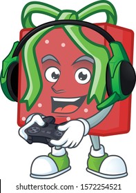 Gamer red gift box cartoon character with headphone and controller