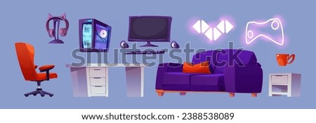Gamer room design elements isolated on background. Vector cartoon illustration of desktop computer, earphones and system unit, armchair and desk, couch and drawer with cup, neon led lights for decor