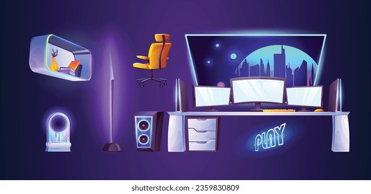 Gamer room design elements set isolated on background. Vector cartoon illustration of programmer workplace, desktop computer screens, keyboard, mouse on desk, loudspeaker, armchair, web camera, shelf