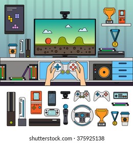 Gamer room with different gadgets and other tools. Technology and modern life concept. Computer, headphones, joystick, medals isolated on white background. Thin line flat design