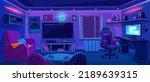 Gamer room interior design. Teenager bedroom with computer desk, chair, sofa, big screen tv, monitor, pc, console with controllers, headphones, poster and neon sign. Cartoon style vector illustration.