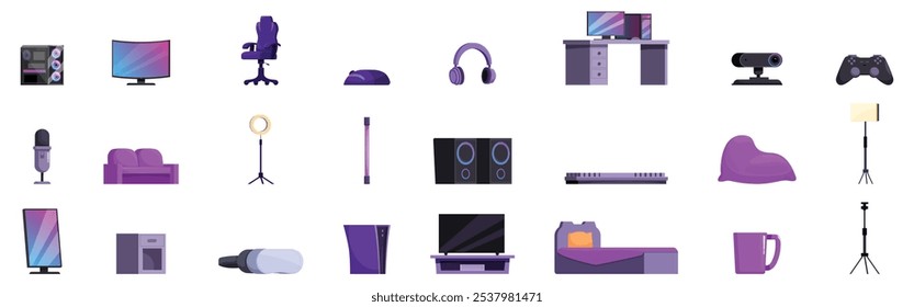 Conjunto de iconos de interior de sala de juegos. Equipamiento y mobiliario esenciales para un gamer o streamer moderno, incluyendo una silla cómoda, una computadora potente, micrófono, auriculares e iluminación suave