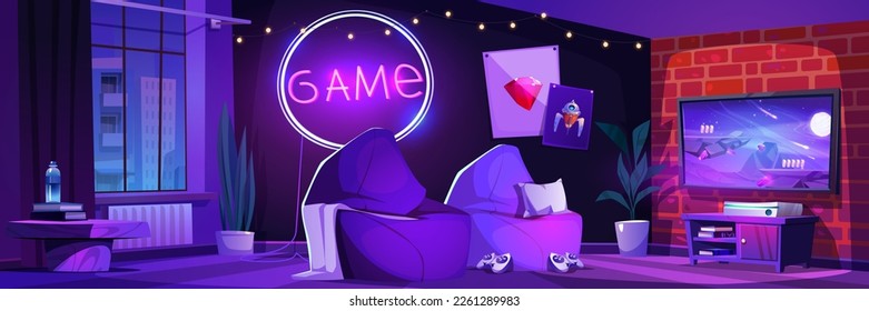 Gamer room interior at night. Vector cartoon illustration of dark teen bedroom with video game on tv screen, console joysticks, bean bag chairs, posters on wall, urban view in window, neon light