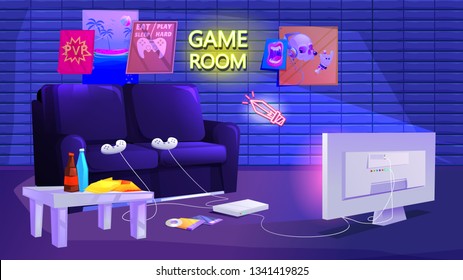 Gamer Room Interior. Play Video Games On The Console With Comfortable Sofa And Tv And Snacks For Gamers. Vector Cartoon Illustration