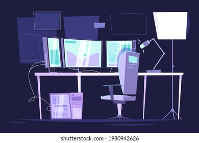 Die Zimmer sind modern und modern eingerichtet. Arbeitsplatz für Streaming. Cyberspace-Spieler sitzen und spielen Videospiel. Kopfhörer, Webcam, Tastatur.M crophone, Controller, Sessel. Vektorgrafik