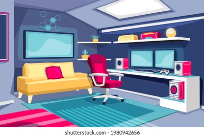 Die Zimmer sind modern und modern eingerichtet. Arbeitsplatz für Streaming. Cyberspace-Spieler sitzen und spielen Videospiel. Kopfhörer, Webcam, Tastatur.M crophone, Controller, Sessel. Vektorgrafik